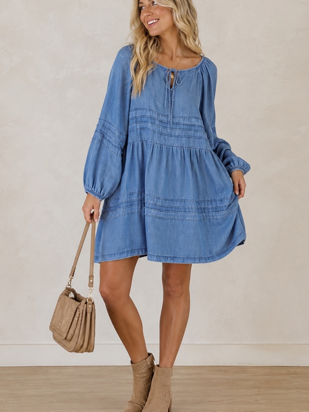 Easel Chambray Boho Tie-Neck Dress